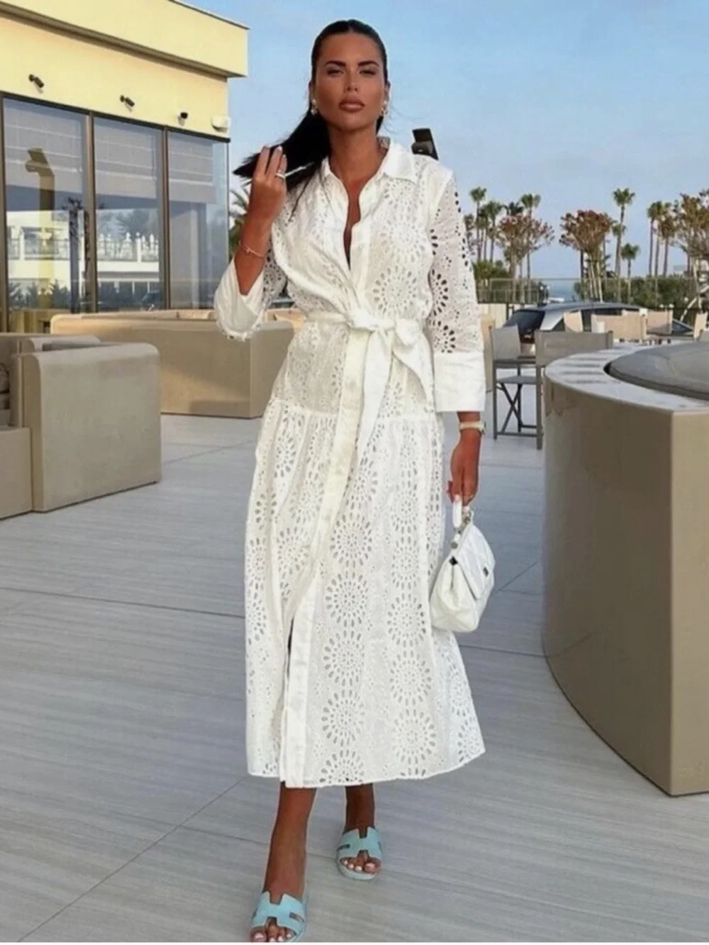 Zara Viral White Cotton Eyelet Embroidered Drop Waist Midi Shirt Dress - XS - Picture 4 of 10